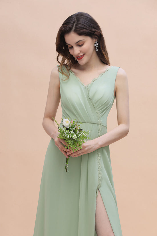 Load image into Gallery viewer, Long A-Line V-Neck Ruffles Chiffon Bridesmaid Dress With Slit-BIZTUNNEL
