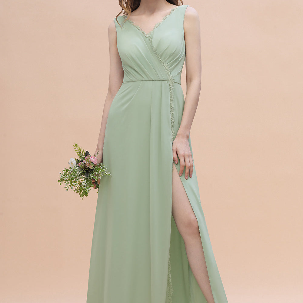 Long A-Line V-Neck Ruffles Chiffon Bridesmaid Dress With Slit BIZTUNNEL Long A-Line V-Neck Ruffles Chiffon Bridesmaid Dress With Slit BIZTUNNEL