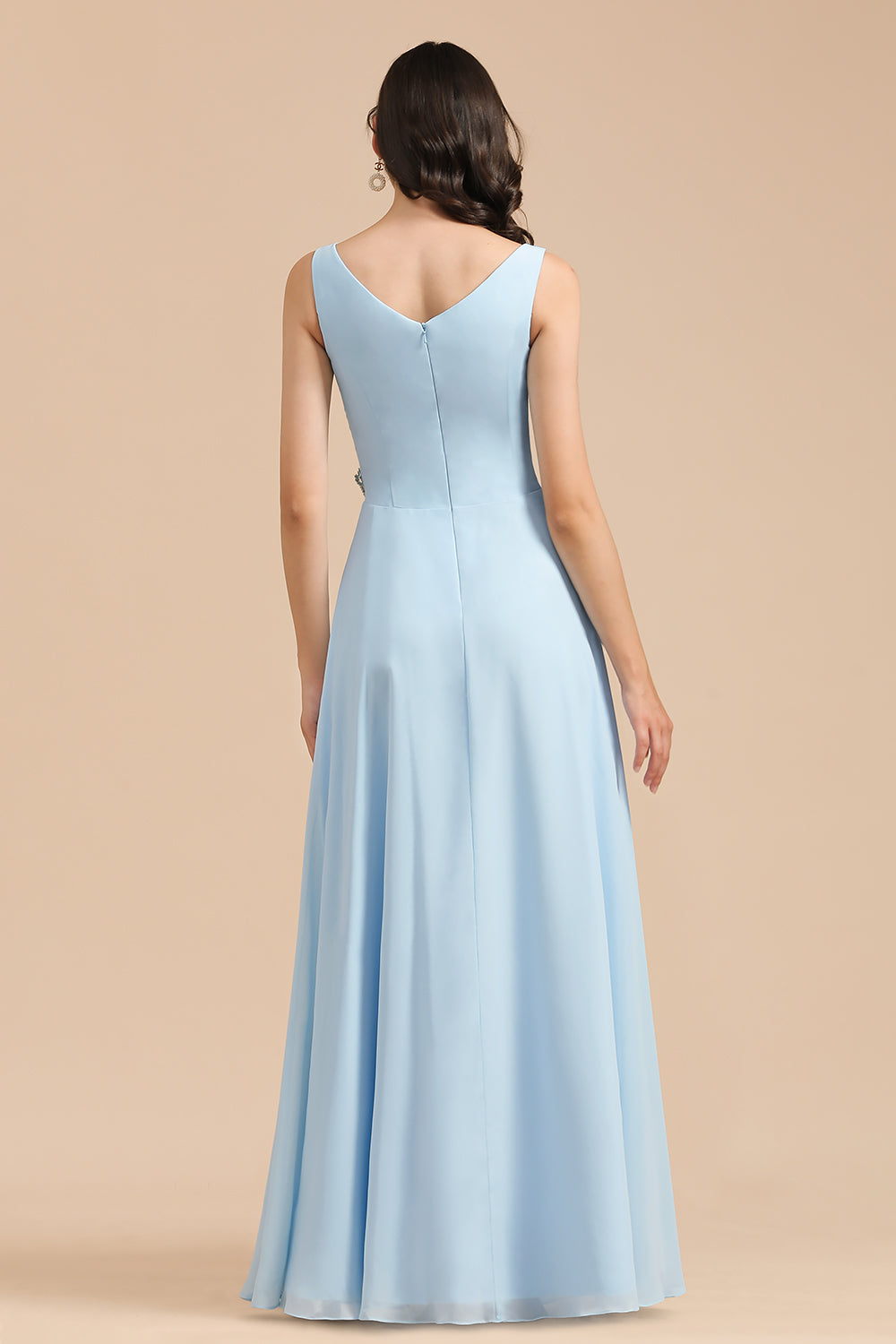 Carregar imagem no visualizador da galeria, Long A-line V-neck Ruffles Straps Beads Sky Blue Bridesmaid Dress-BIZTUNNEL
