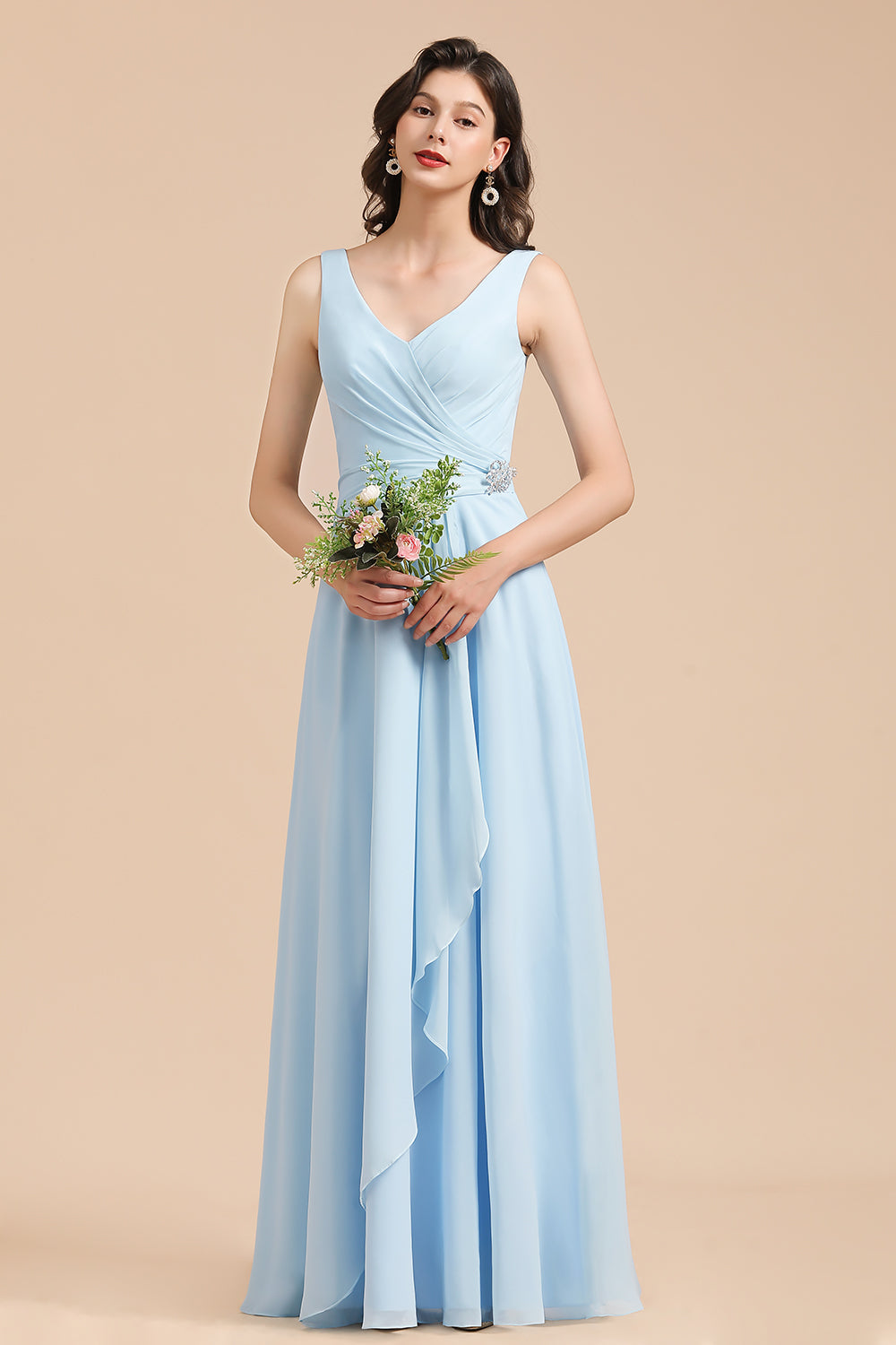 Charger l&amp;#39;image dans la galerie, Long A-line V-neck Ruffles Straps Beads Sky Blue Bridesmaid Dress-BIZTUNNEL
