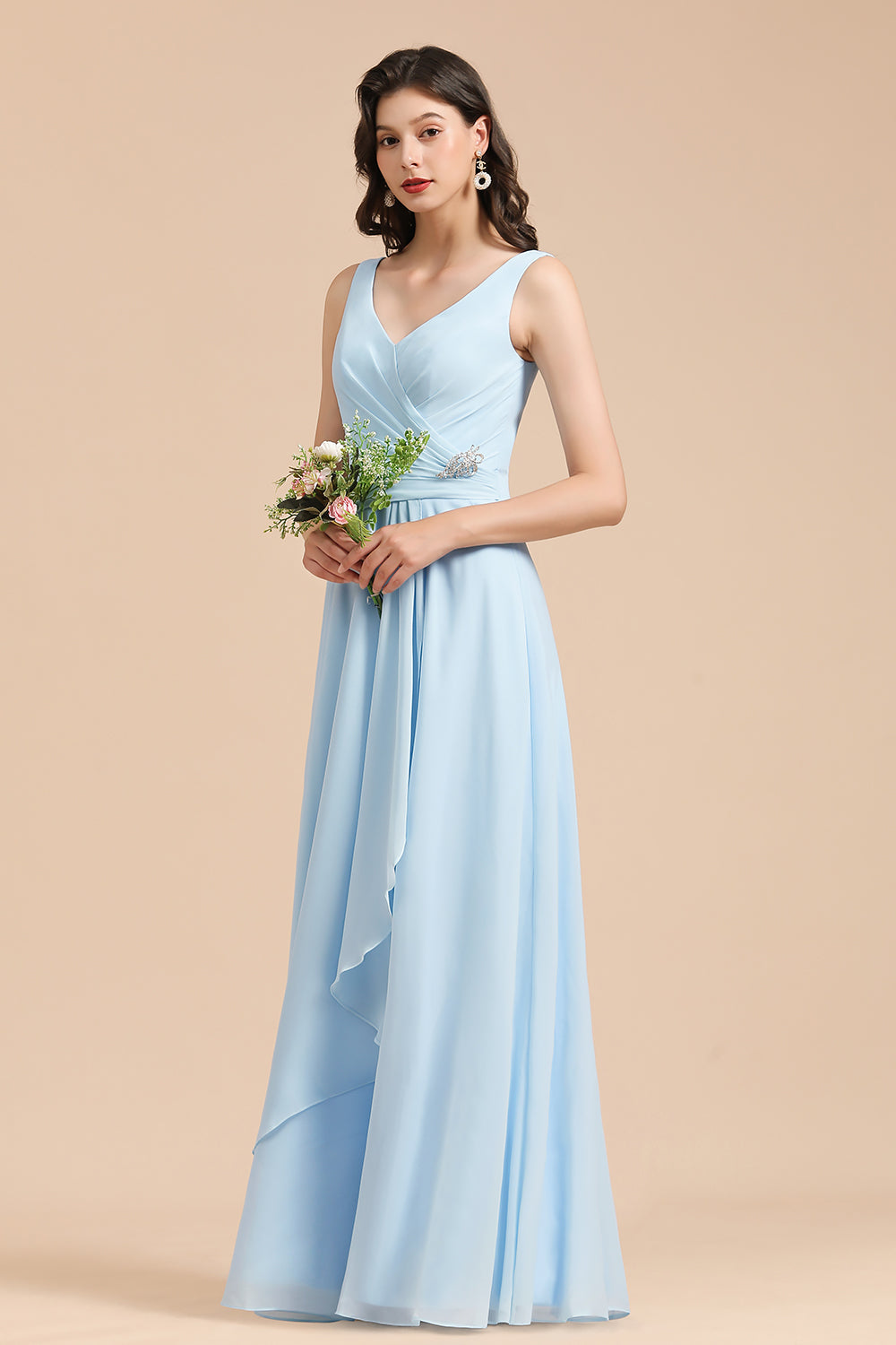 Long A-line V-neck Ruffles Straps Beads Sky Blue Bridesmaid Dress-BIZTUNNEL
