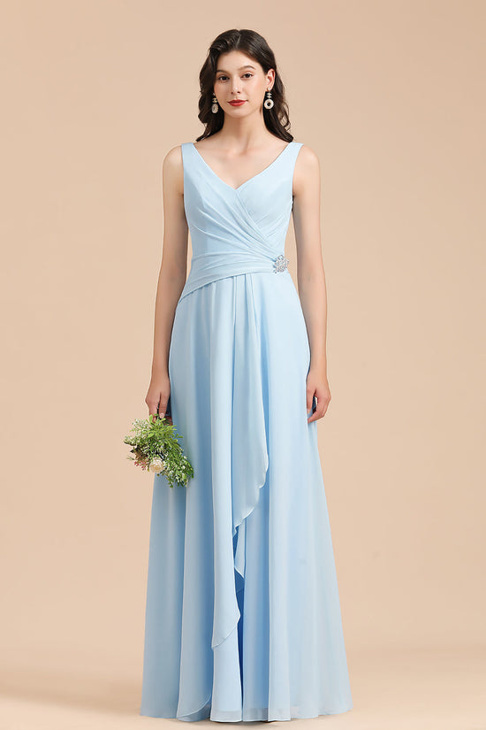 Charger l&amp;#39;image dans la galerie, Long A-line V-neck Ruffles Straps Beads Sky Blue Bridesmaid Dress-BIZTUNNEL
