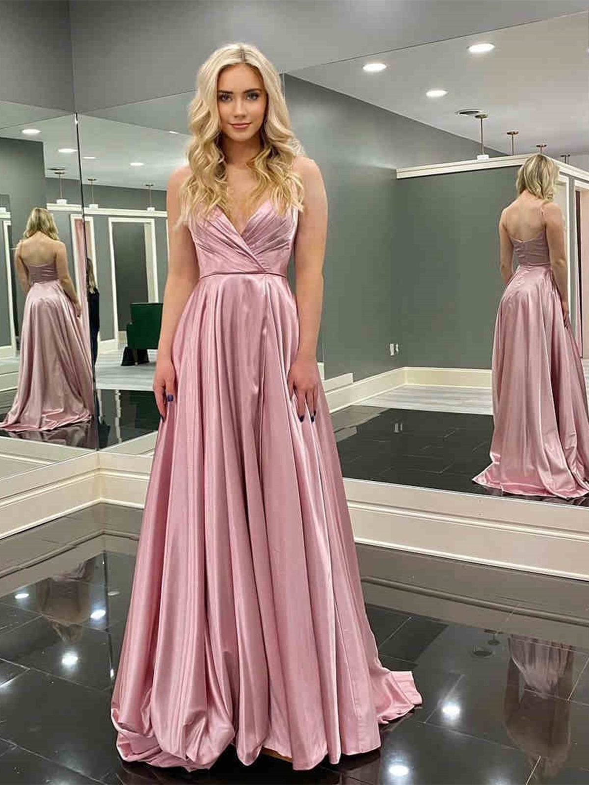 Long A-line V-neck Satin Backless Prom Dress with Slit Pink Formal Graduation Evening Dresses-BIZTUNNEL