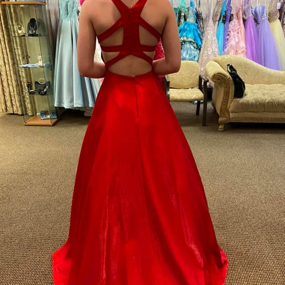 
                  
                    Long A Line V Neck Satin Backless Prom Dresses with Pockets Red Formal Graduation Evening Dresses-BIZTUNNEL
                  
                