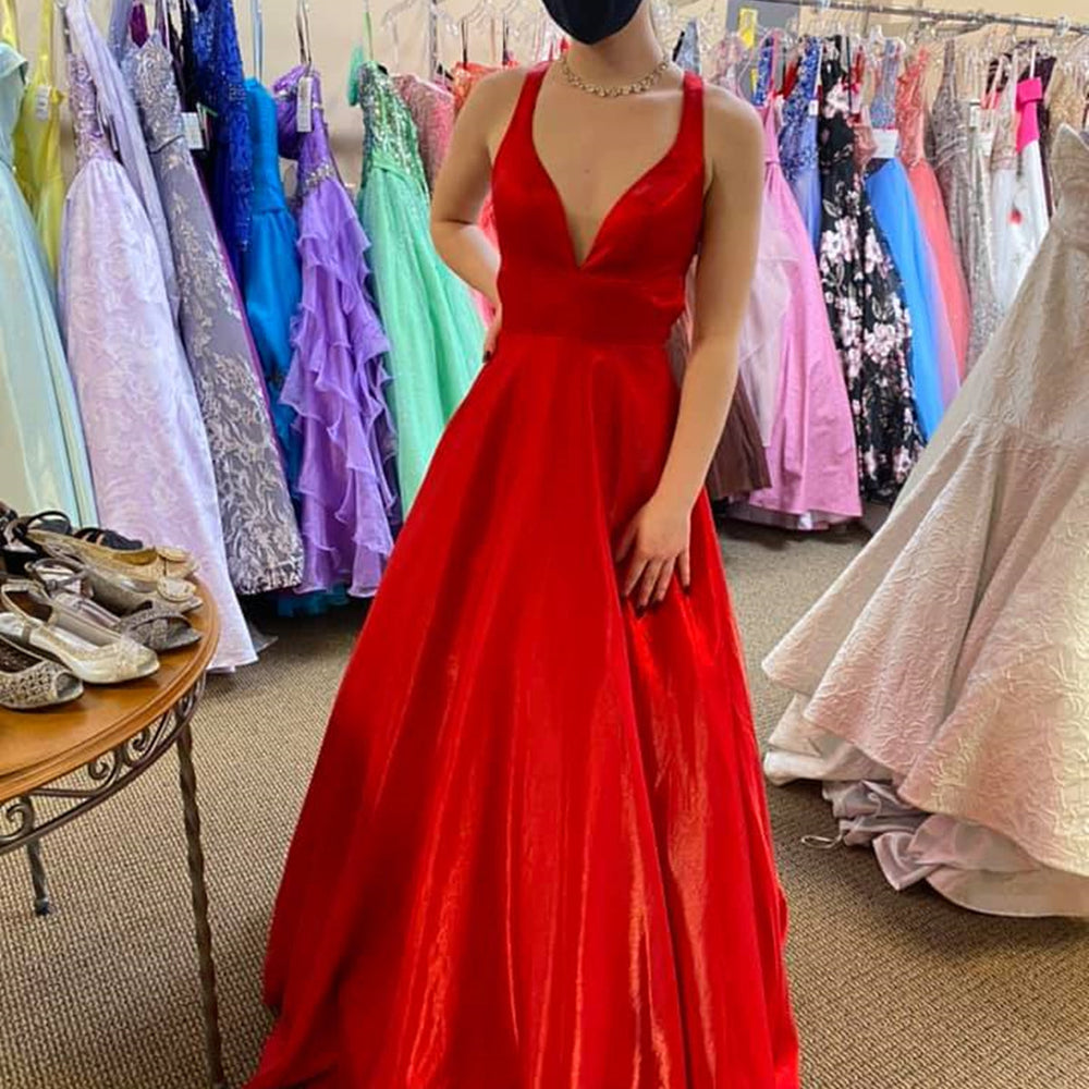 
                  
                    Long A Line V Neck Satin Backless Prom Dresses with Pockets Red Formal Graduation Evening Dresses-BIZTUNNEL
                  
                
