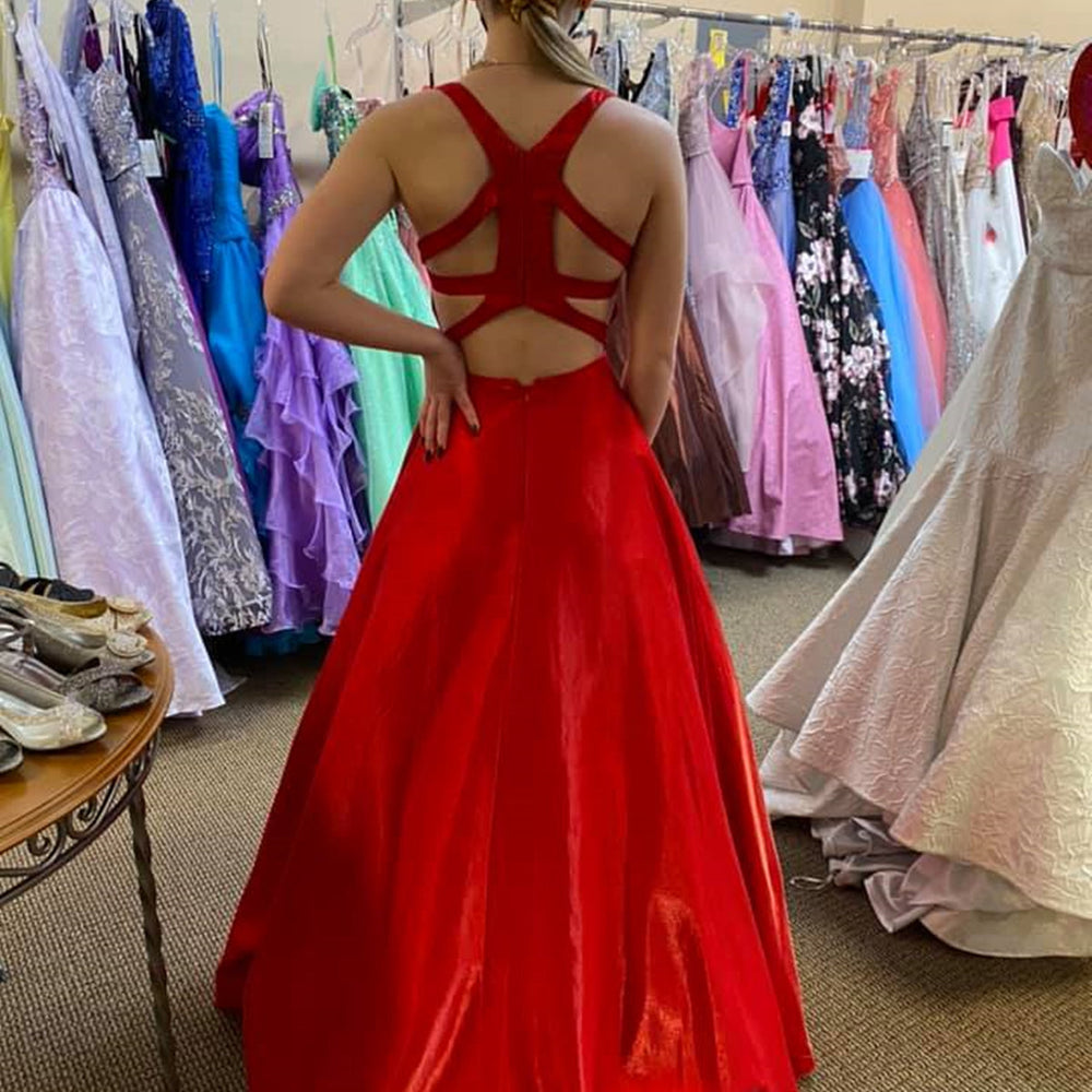 
                  
                    Long A Line V Neck Satin Backless Prom Dresses with Pockets Red Formal Graduation Evening Dresses-BIZTUNNEL
                  
                