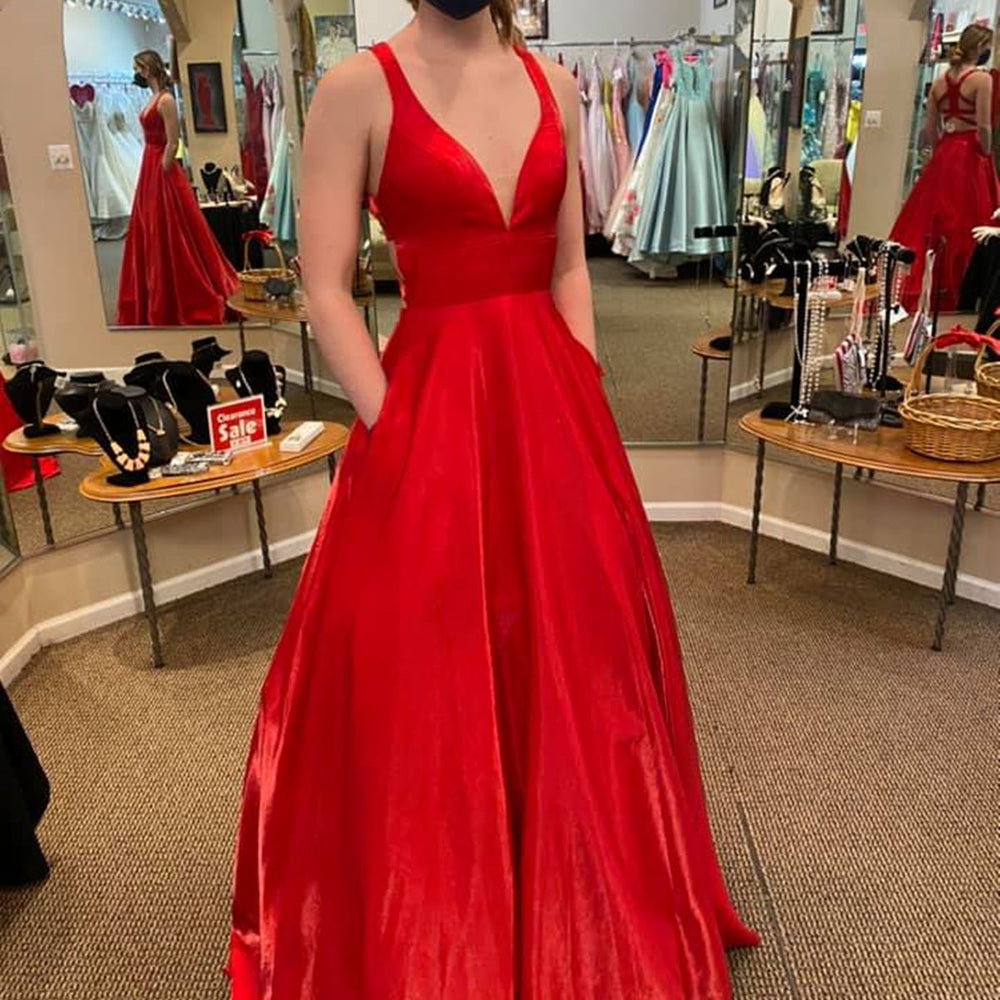 Long A Line V Neck Satin Backless Prom Dresses with Pockets Red Formal Graduation Evening Dresses-BIZTUNNEL