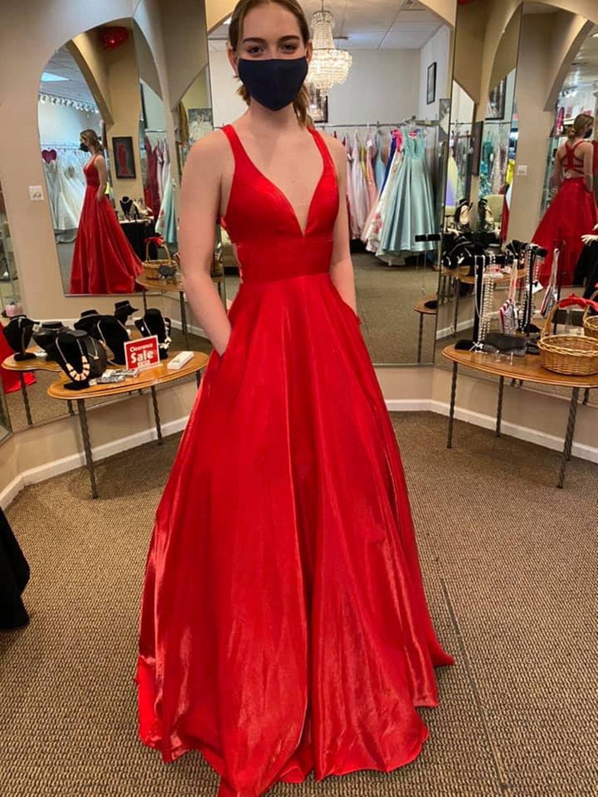 Long A Line V Neck Satin Backless Prom Dresses with Pockets Red Formal Graduation Evening Dresses-BIZTUNNEL