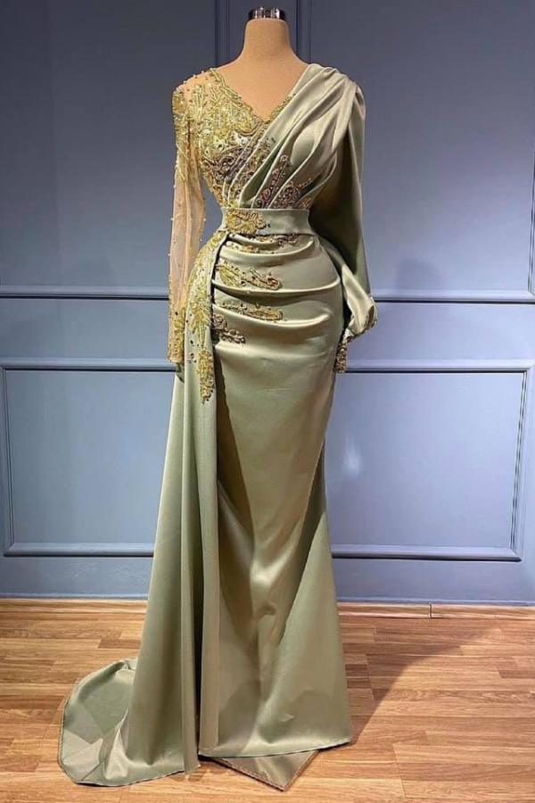 Long A-line V-neck Satin Beads Mermaid Formal Dress with Sleeves-BIZTUNNEL