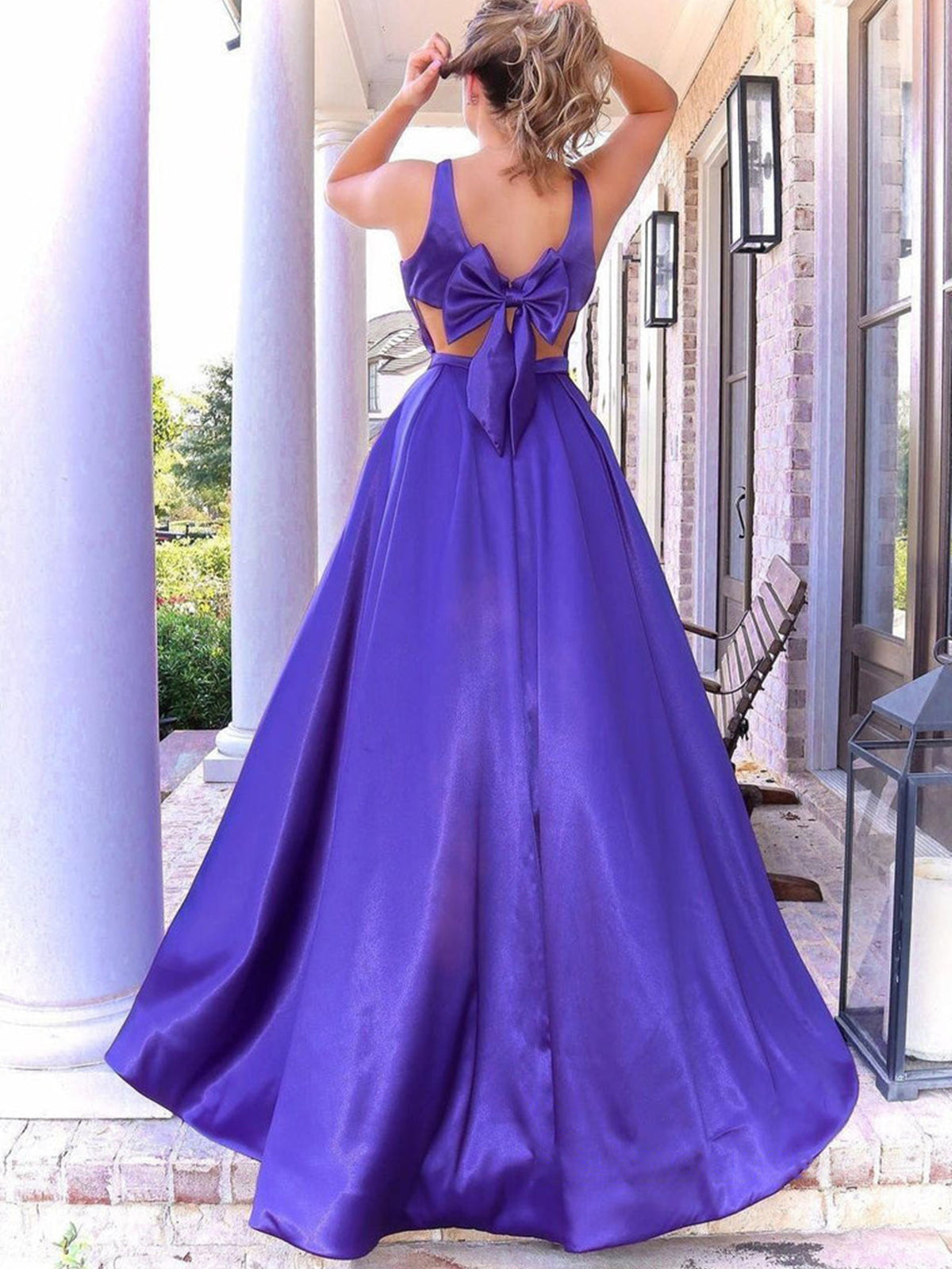 Long A Line V Neck Satin Prom Dress with Pockets Purple Formal Graduation Evening Dresses-BIZTUNNEL