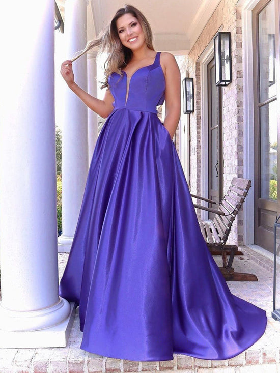 Long A Line V Neck Satin Prom Dress with Pockets Purple Formal Graduation Evening Dresses-BIZTUNNEL