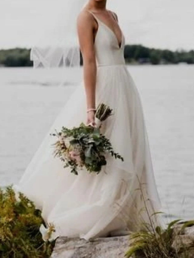 Load image into Gallery viewer, Long A-Line V Neck Satin Tulle Open Back Wedding Dresses-BIZTUNNEL
