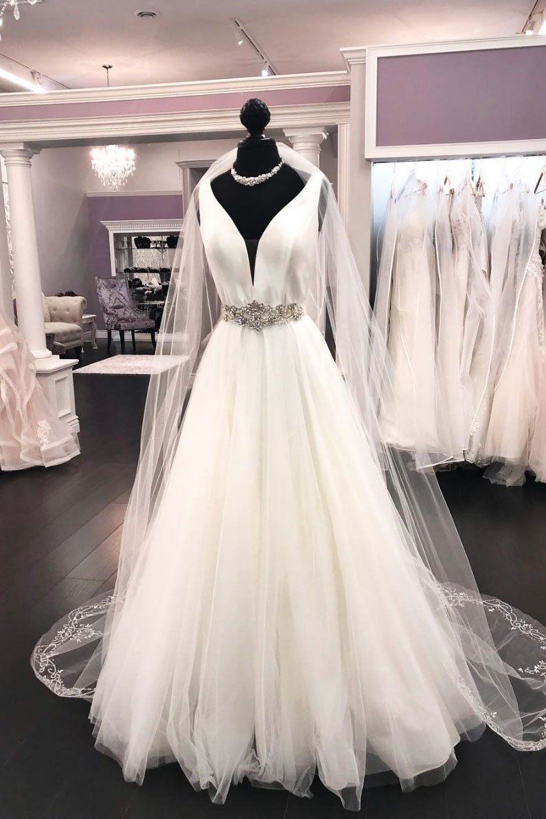 Long A-line V Neck Satin Tulle Wedding Dress-BIZTUNNEL
