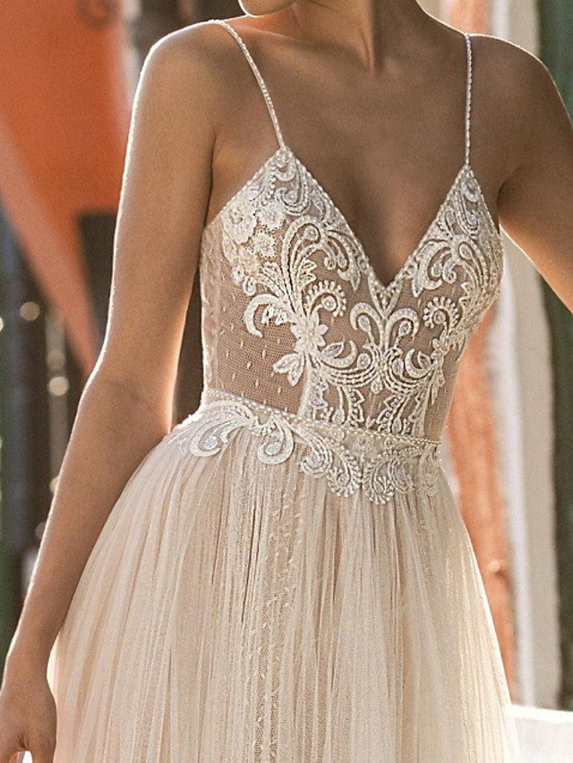 Sexy Long A-line V-neck Spaghetti Straps Sleeveless Backless Prom Dresses