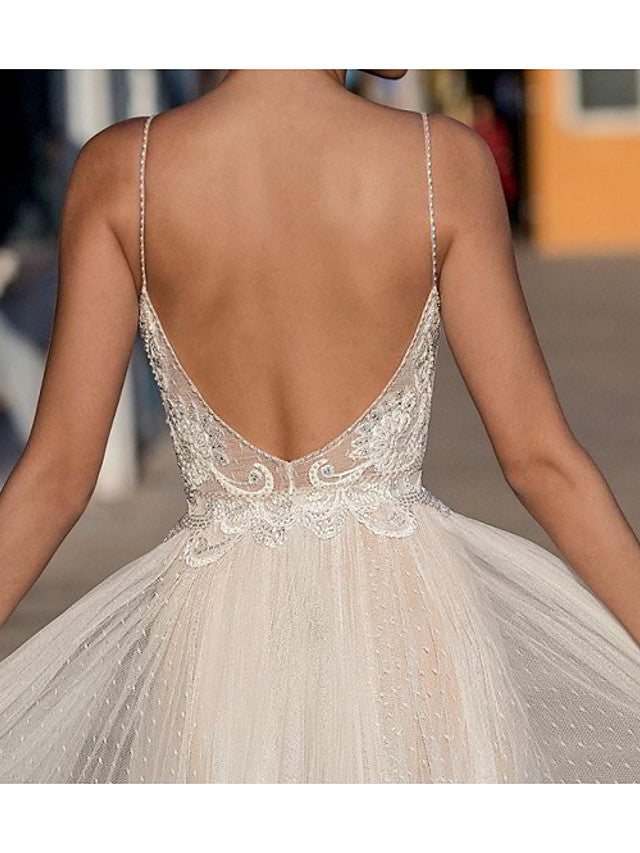 Long A-Line V-neck Spaghetti Strap Tulle Backless Wedding Dresses-BIZTUNNEL