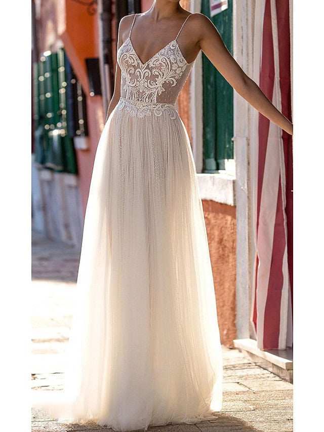 Long A-Line V-neck Spaghetti Strap Tulle Backless Wedding Dresses-BIZTUNNEL