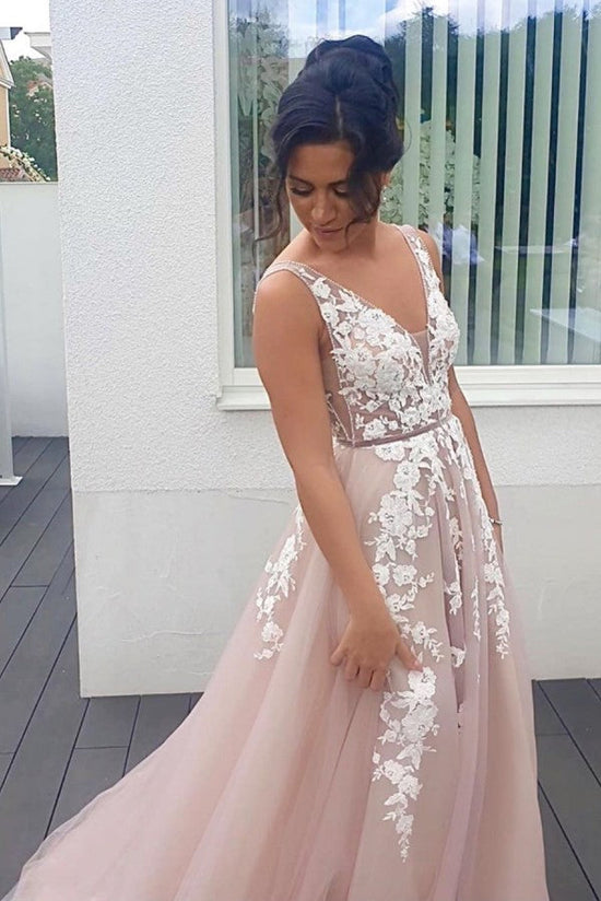 Long A-line V-neck Spaghetti Straps Backless Appliques Lace Tulle Prom Dress-BIZTUNNEL