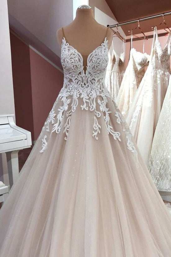 Long A-Line V-neck Spaghetti Straps Backless Appliques Lace Tulle Wedding Dress-BIZTUNNEL