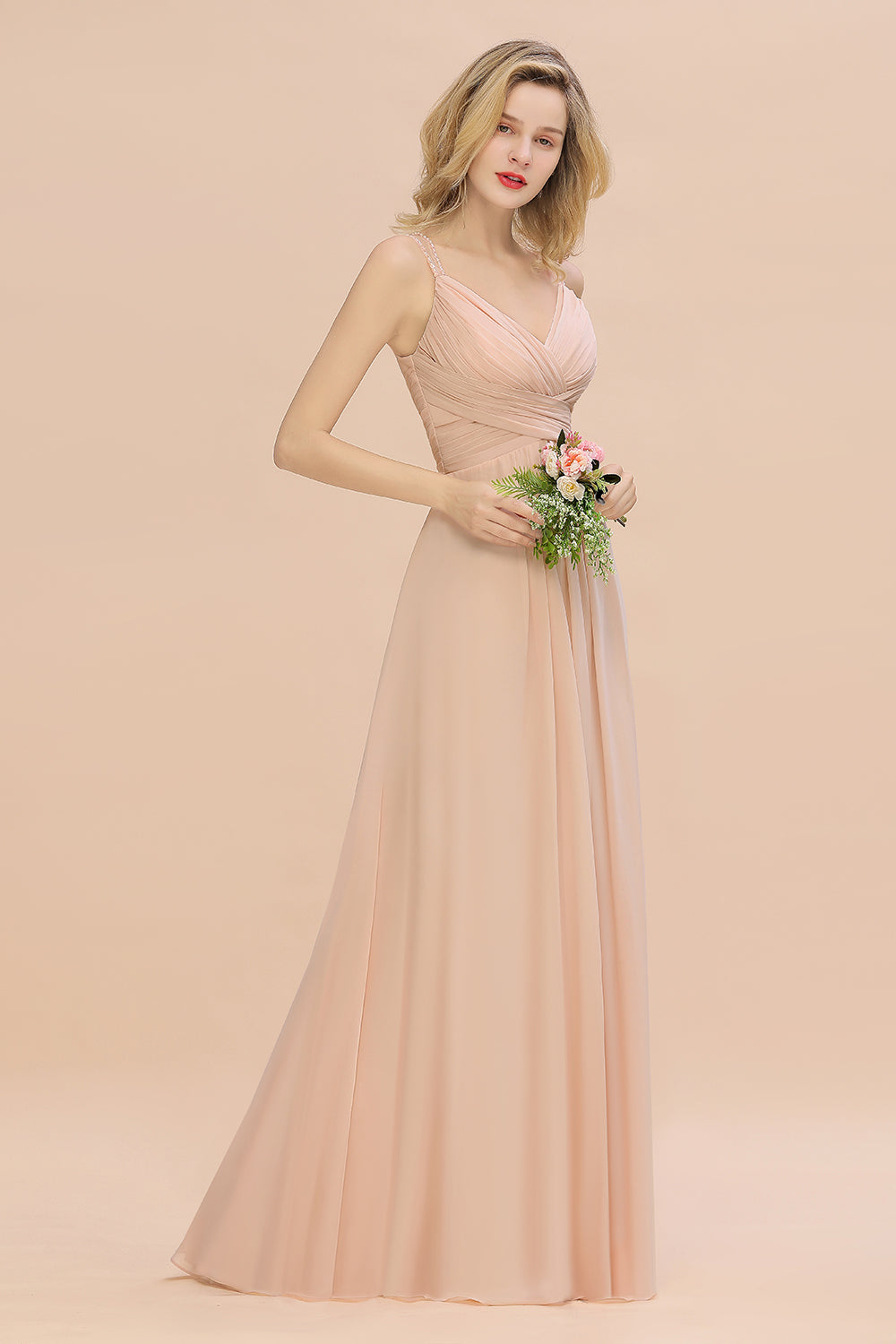 Load image into Gallery viewer, Long A-Line V-neck Spaghetti Straps Chiffon Bridesmaid Dresses-BIZTUNNEL
