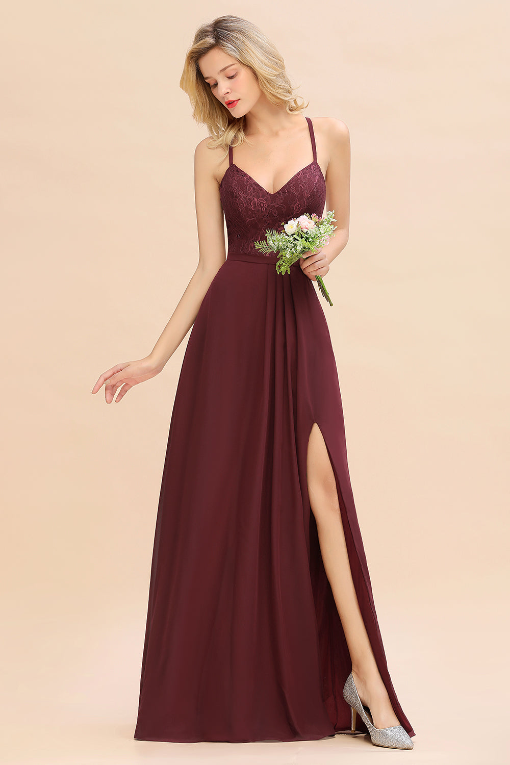 Load image into Gallery viewer, Long A-line V-neck Spaghetti Straps Open Back Bridesmaid Dress with Slit-BIZTUNNEL
