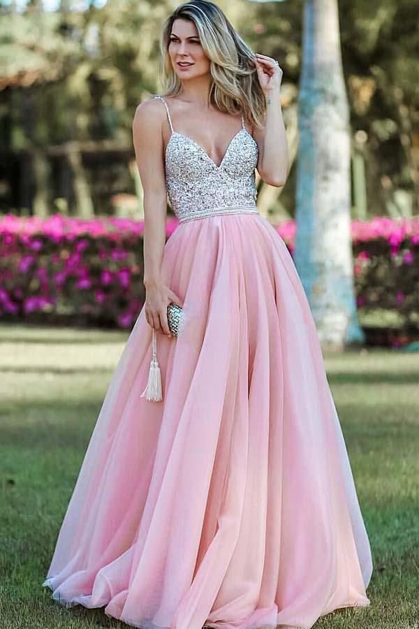 Load image into Gallery viewer, Long A-line V-neck Spaghetti Straps Open Back Prom Dress-BIZTUNNEL
