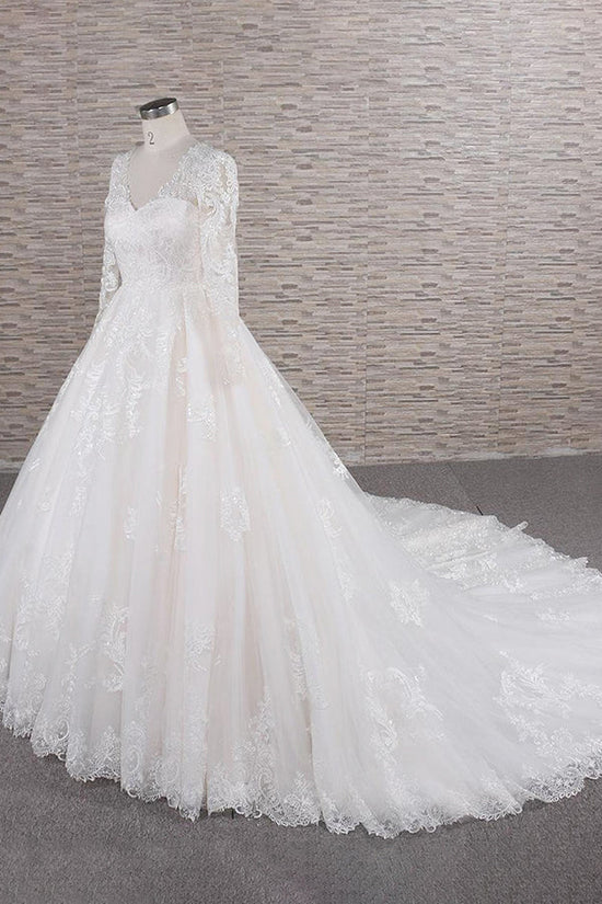 Long A-line V-neck Tulle Appliques Lace Wedding Dress with Sleeves-BIZTUNNEL