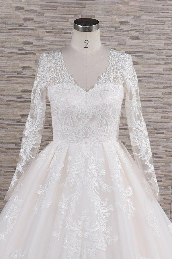 Long V Neck Tulle Applique Lace A Line Wedding Dresses With Sleeves