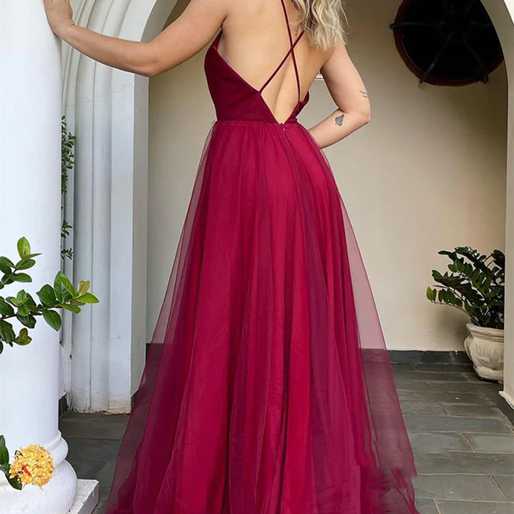 Long A-line V-neck Tulle Backless Prom Dress Burgundy Formal Evening Dresses Long A-line V-neck Tulle Backless Prom Dress Burgundy Formal Evening Dresses