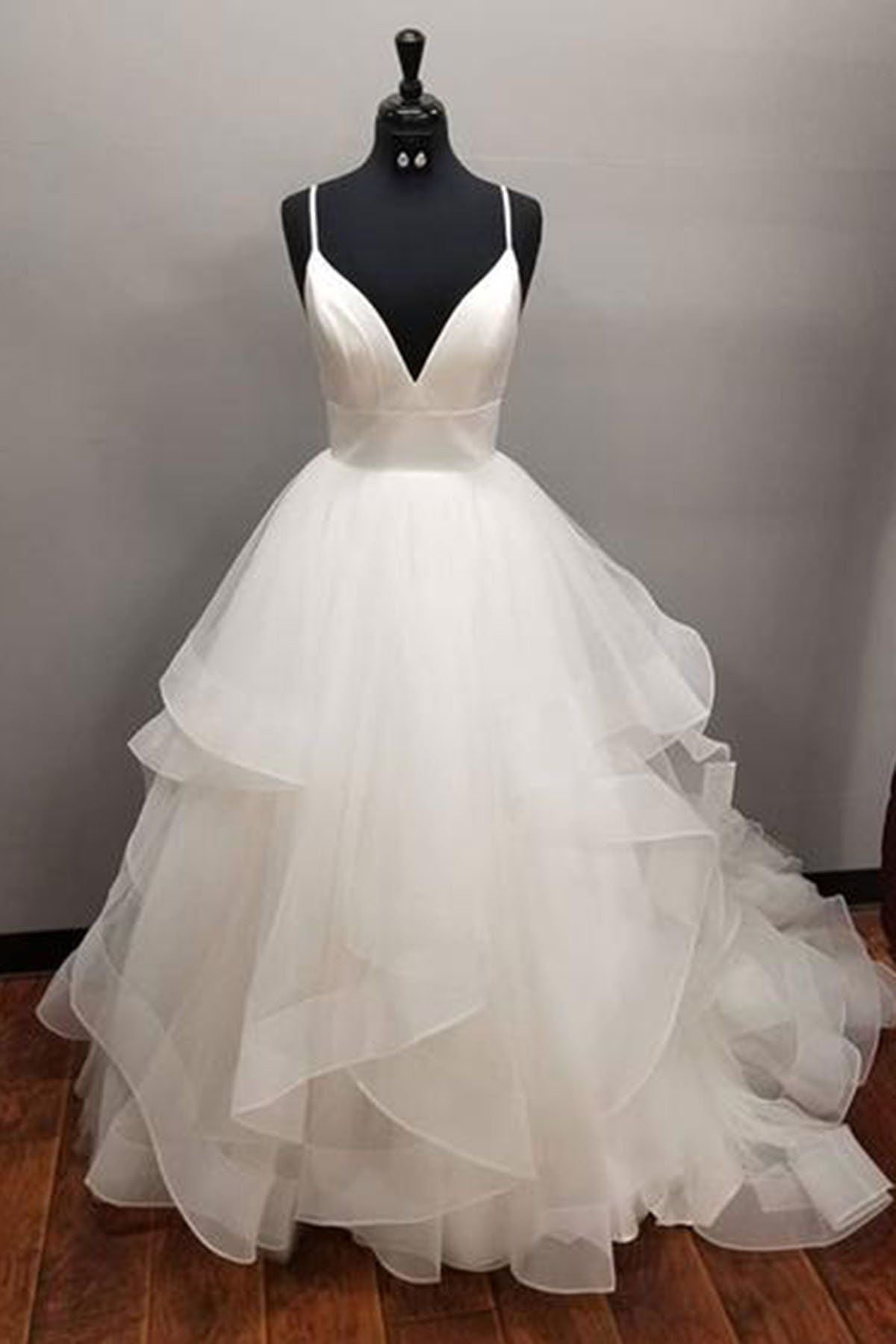 A Line V Neck Tulle Long Wedding Dresses VK24102805 main image 0