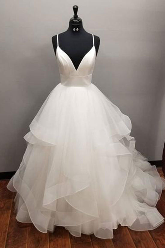 Long A-line V-neck Tulle Backless Wedding Dress-BIZTUNNEL