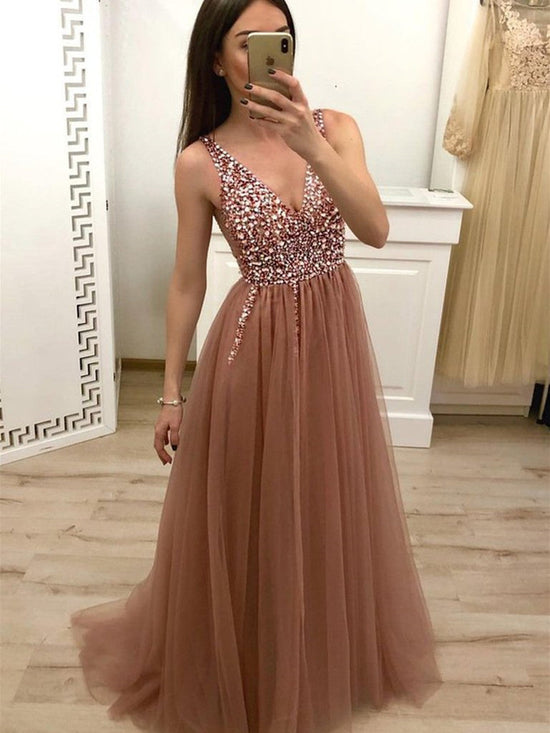Load image into Gallery viewer, Long A-line V-neck Tulle Beading Formal Evening Prom Dresses-BIZTUNNEL
