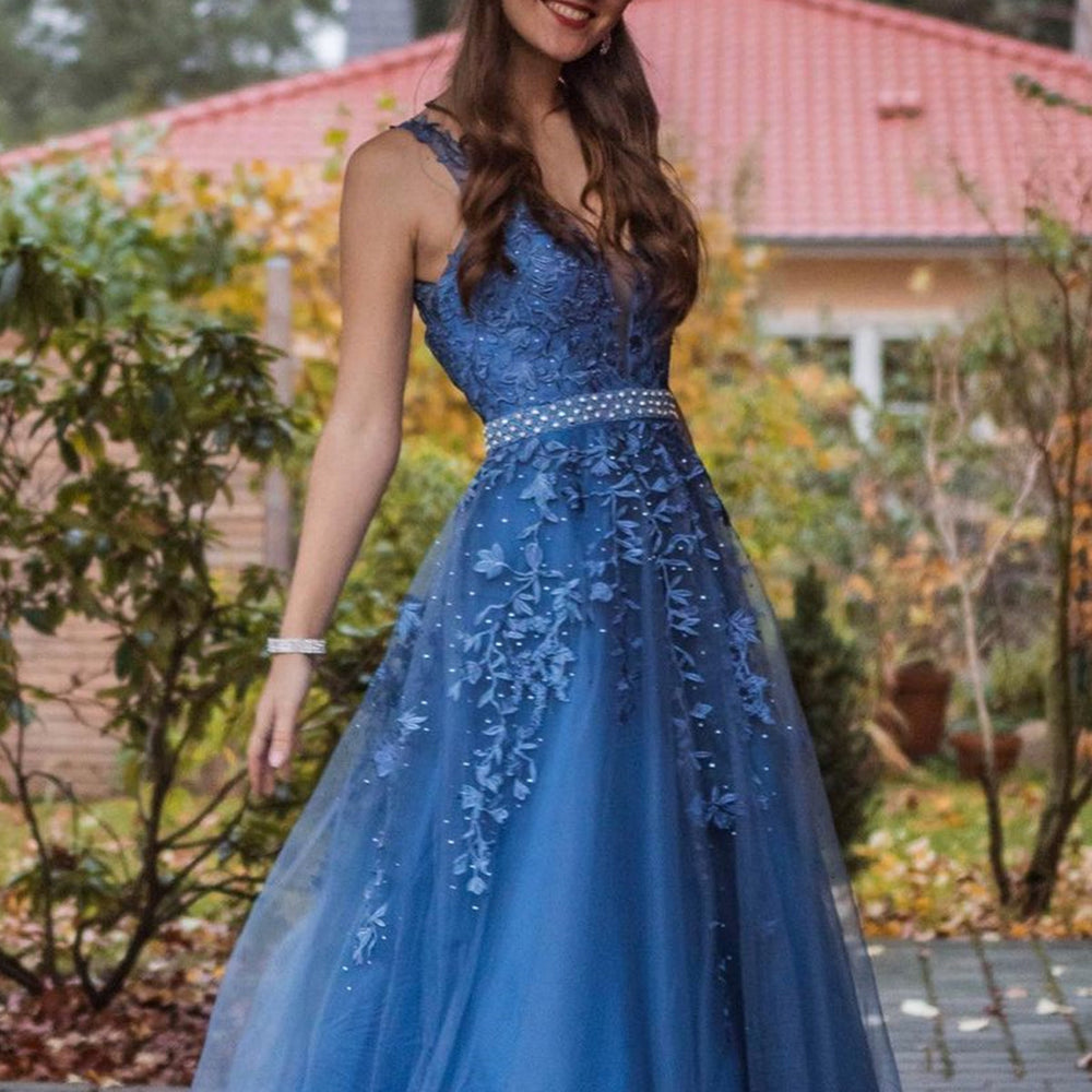 Long A-line V-neck Tulle Lace Appliques Formal Prom Dresses with Belt BIZTUNNEL Long A-line V-neck Tulle Lace Appliques Formal Prom Dresses with Belt BIZTUNNEL