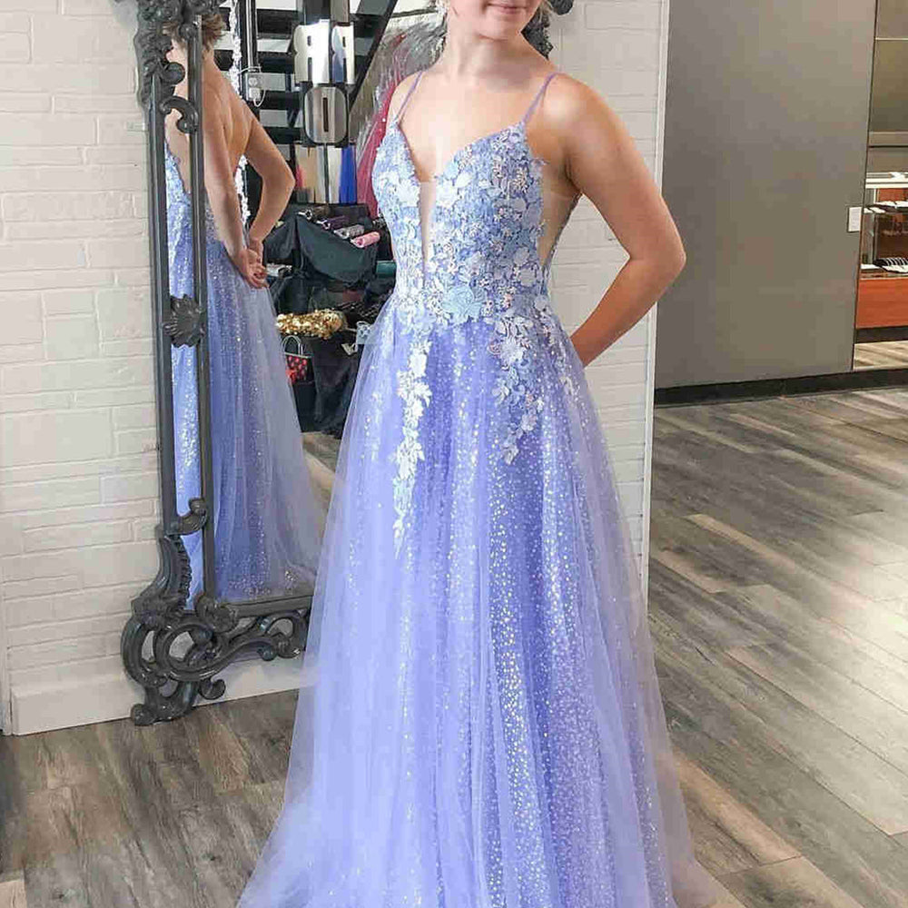 Long A-line V Neck Tulle Lace Backless Prom Dress Purple Lace Floral F – BIZTUNNEL