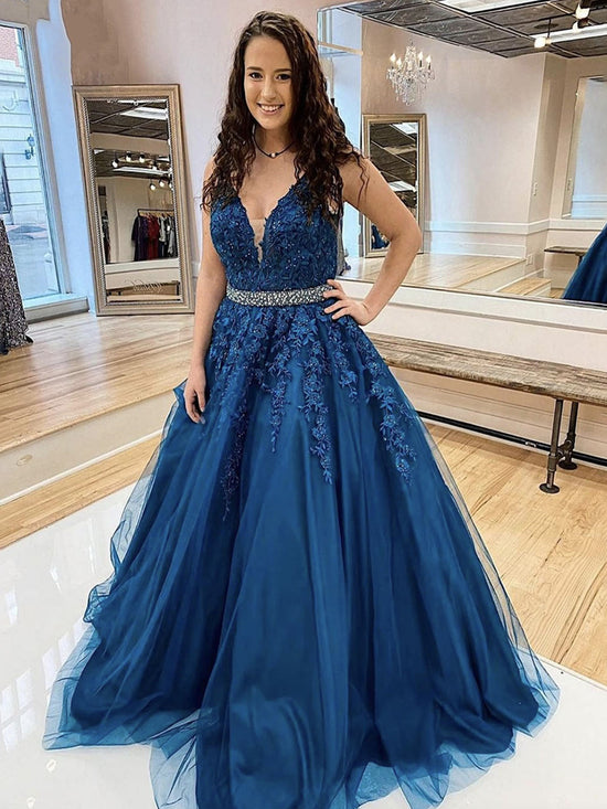 Long A-line V-neck Tulle Lace Floral Prom Dress Blue Formal Evening Dresses-BIZTUNNEL