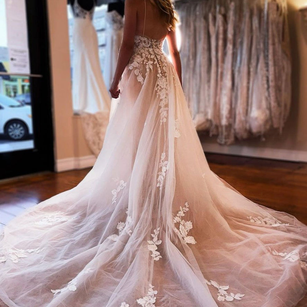 Long A-Line V-Neck Tulle Lace Floral Spaghetti Straps Backless Wedding Dresses Long A-Line V-Neck Tulle Lace Floral Spaghetti Straps Backless Wedding Dresses