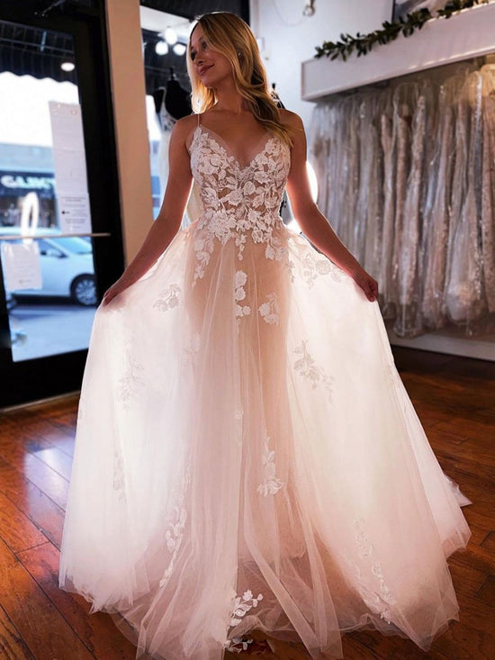 Long A-line V-neck Tulle Lace Floral Spaghetti Straps Backless Wedding Dresses-BIZTUNNEL