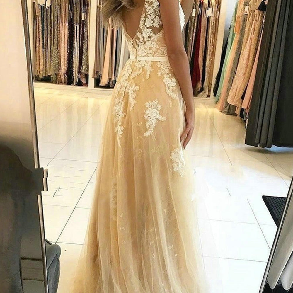 Long A-Line V-Neck Tulle Lace Prom Dress Champagne Backless Formal Graduation Evening Dresses Long A-Line V-Neck Tulle Lace Prom Dress Champagne Backless Formal Graduation Evening Dresses