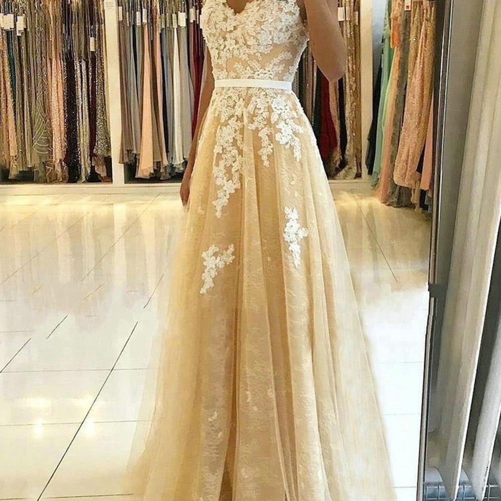 Long A-line v-neck Tulle Lace Prom Dress Champagne Backless Formal Gra BIZTUNNEL Long A-line v-neck Tulle Lace Prom Dress Champagne Backless Formal Gra BIZTUNNEL