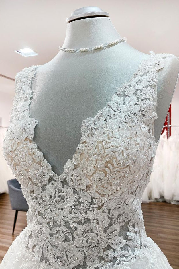 Elegant White A-Line Tulle Wedding Dress with Wide Straps and Deep V-Neck main image 1