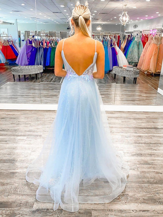 Long A Line V Neck Tulle Open Back Prom Dress with Lace Flowers Sky Blue Formal Graduation Evening Dresses-BIZTUNNEL