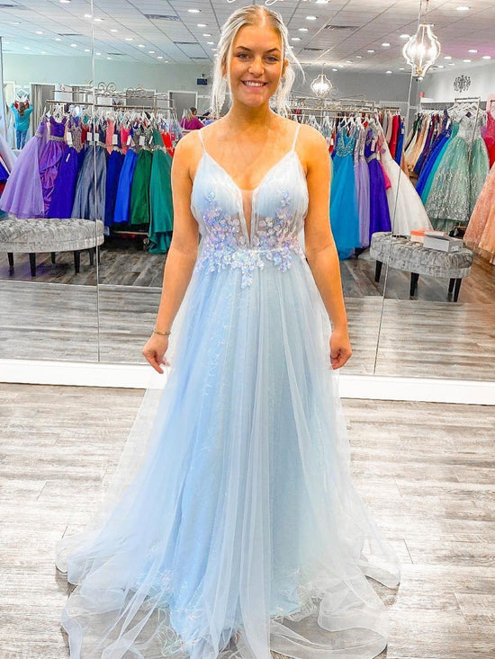 Long A Line V Neck Tulle Open Back Prom Dress with Lace Flowers Sky Blue Formal Graduation Evening Dresses-BIZTUNNEL