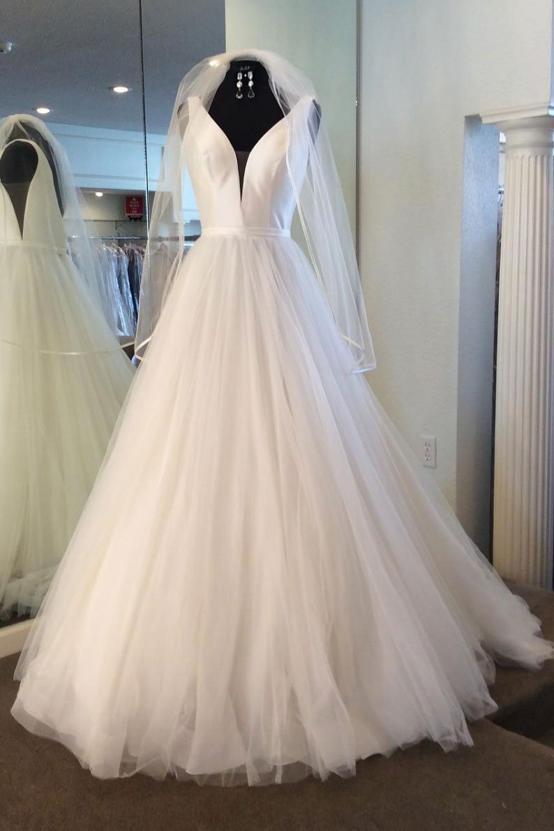 Long A-line V Neck Tulle Satin Wedding Dress-BIZTUNNEL