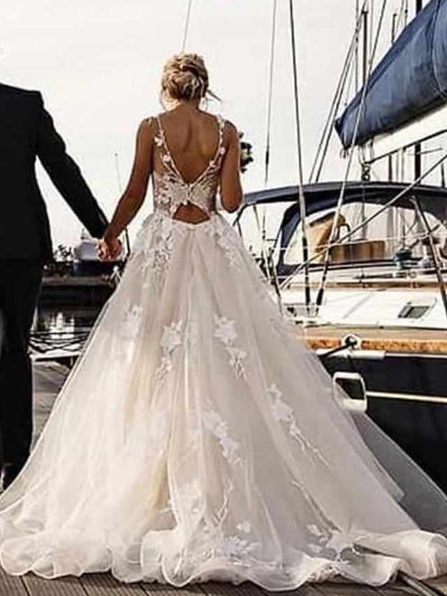 Biztunnel Long A-line V-neck Tulle Lace Backless Wedding Dresses