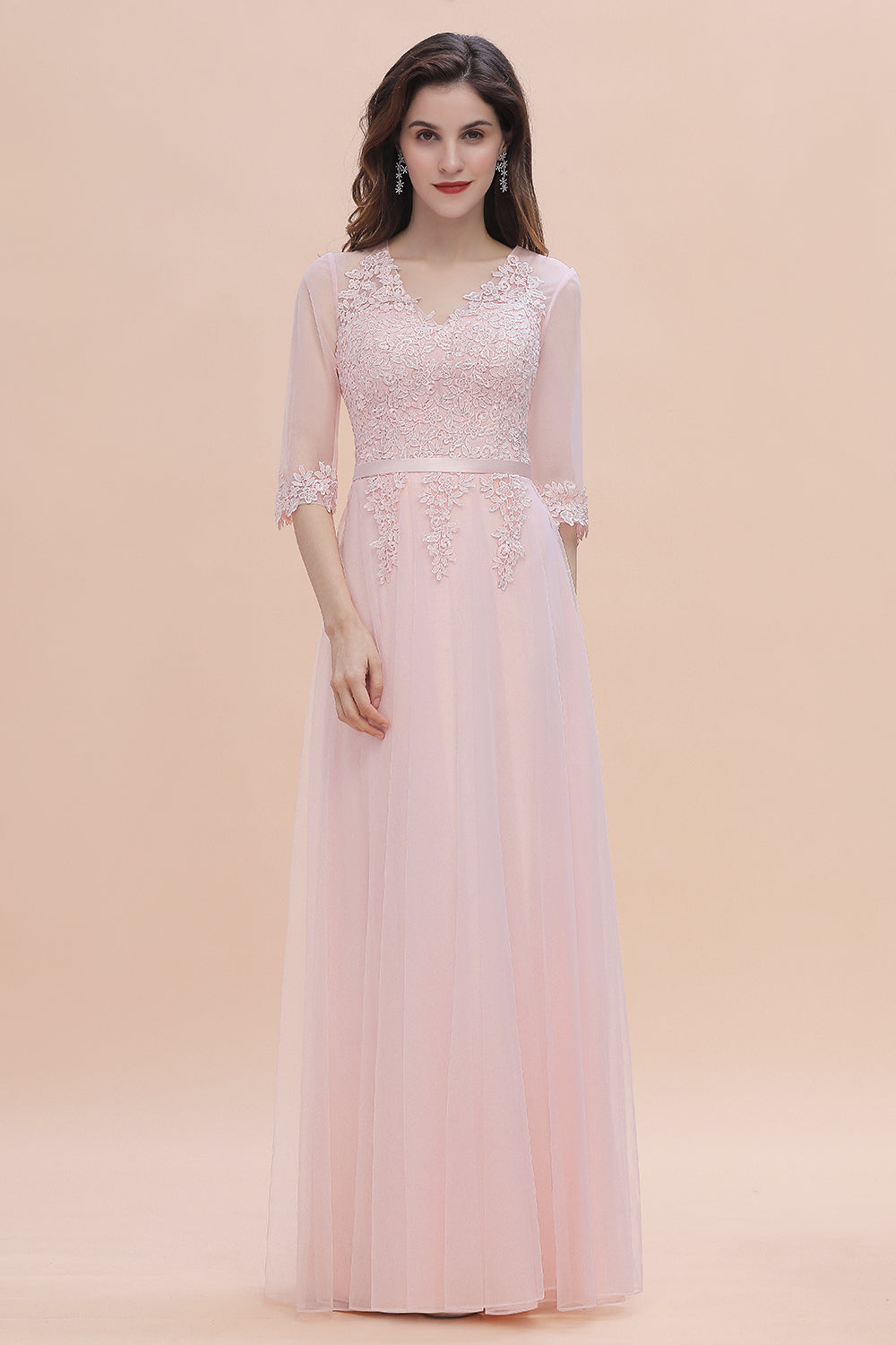 Load image into Gallery viewer, Long A-line V-neck Wedding Guest Dress Romantic Pink Bridesmaid Dress with Sleeves-BIZTUNNEL
