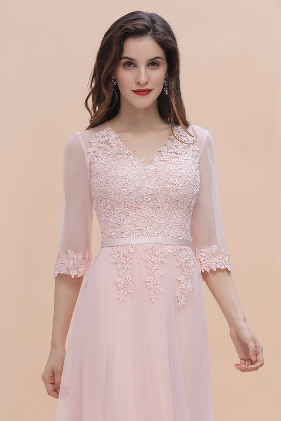 Charger l&amp;#39;image dans la galerie, Long A-line V-neck Wedding Guest Dress Romantic Pink Bridesmaid Dress with Sleeves-BIZTUNNEL
