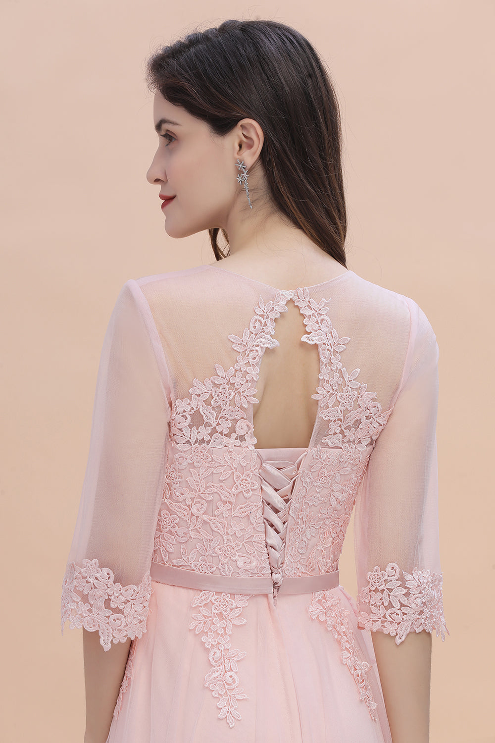 Long A-line V-neck Wedding Guest Dress Romantic Pink Bridesmaid Dress with Sleeves Long A-line V-neck Wedding Guest Dress Romantic Pink Bridesmaid Dress with Sleeves