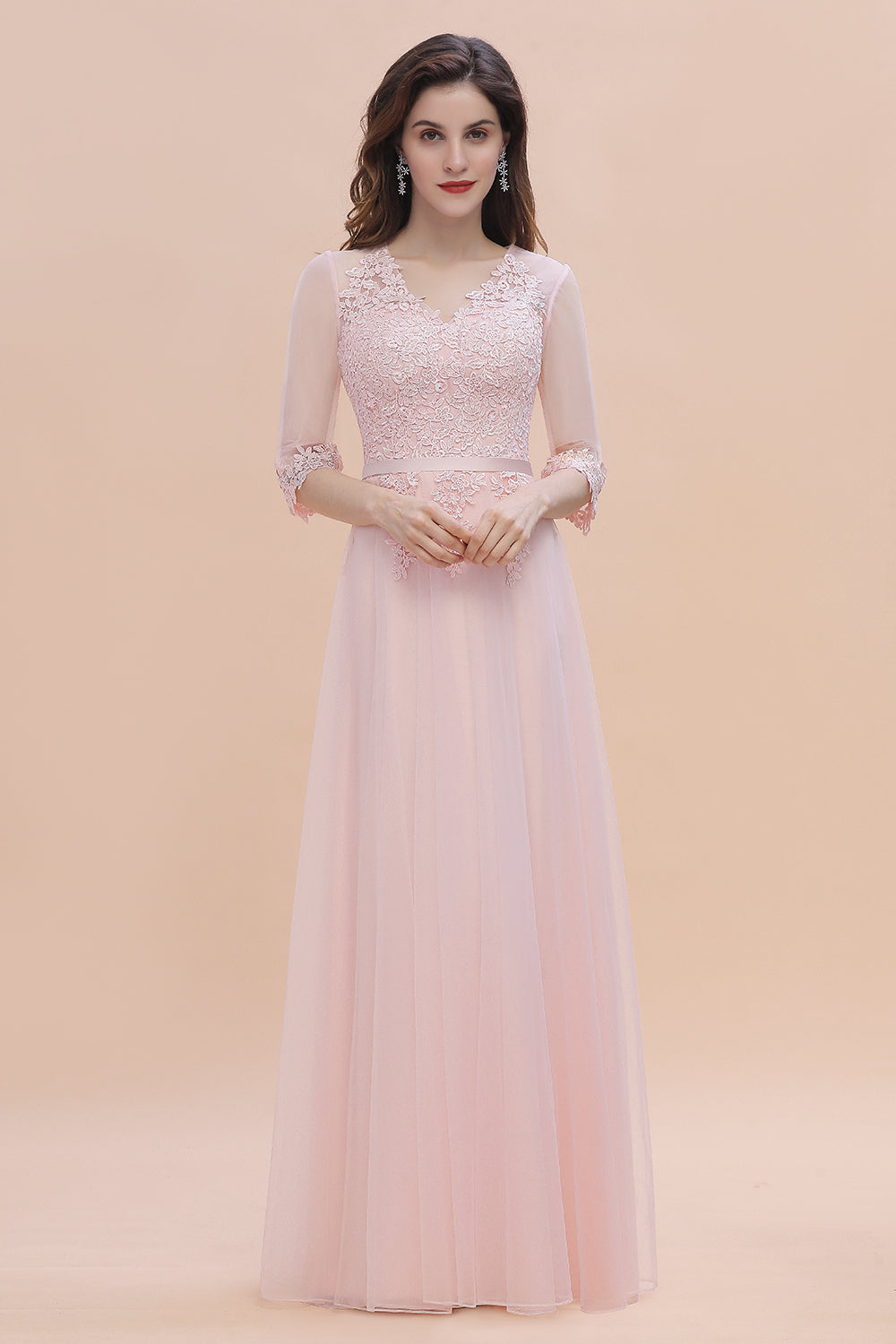 Load image into Gallery viewer, Long A-line V-neck Wedding Guest Dress Romantic Pink Bridesmaid Dress with Sleeves-BIZTUNNEL
