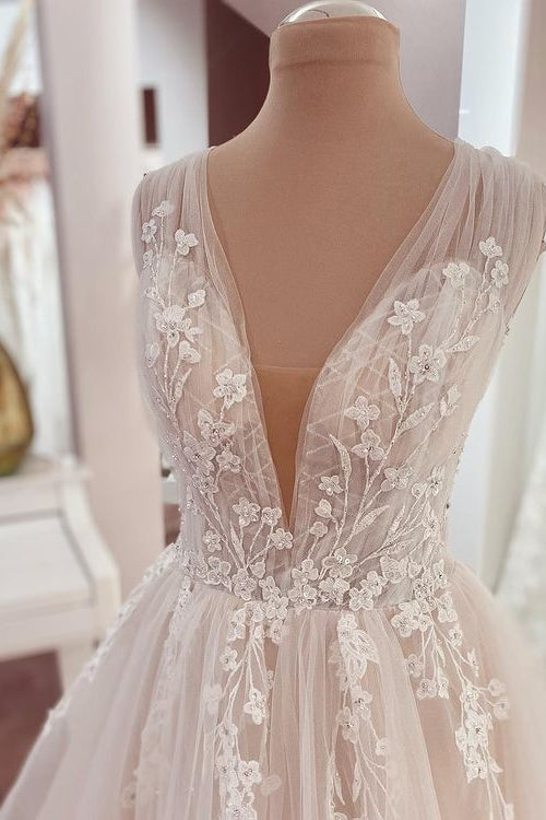 Charger l&amp;#39;image dans la galerie, Long A-Line V-neck Wide Straps Appliques Lace Tulle Wedding Dress-BIZTUNNEL
