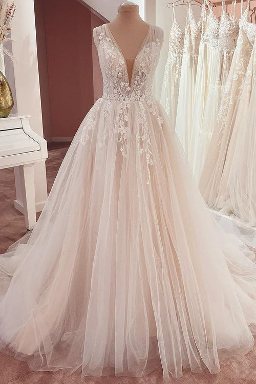 Long A-Line V-neck Wide Straps Appliques Lace Tulle Wedding Dress-BIZTUNNEL