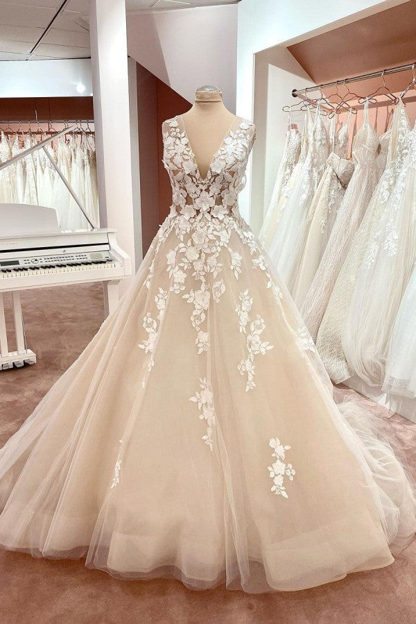 Long A-Line V-neck Wide Straps Backless Appliques Lace Tulle Wedding Dress-BIZTUNNEL
